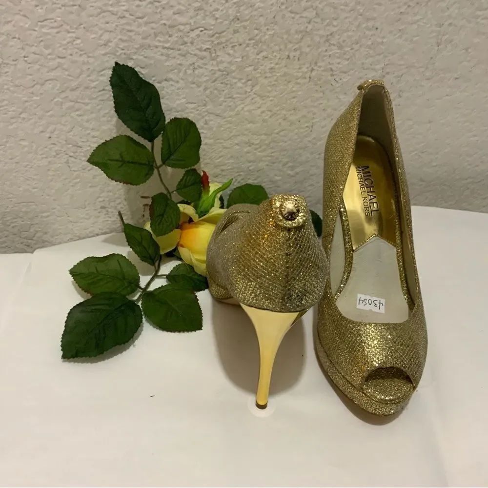 MICHAEL KORS Gold Sparkle Glitter Platform Peep Toe Pump Heels Sz 6